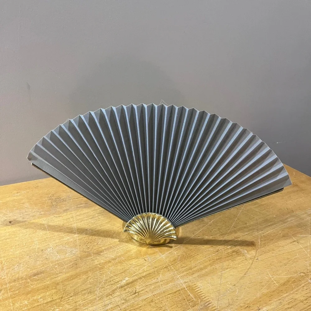 Vtg‎ Hollywood Regency Gold Shell Grey Pleated Fan Votive Candle Holder Art Deco
